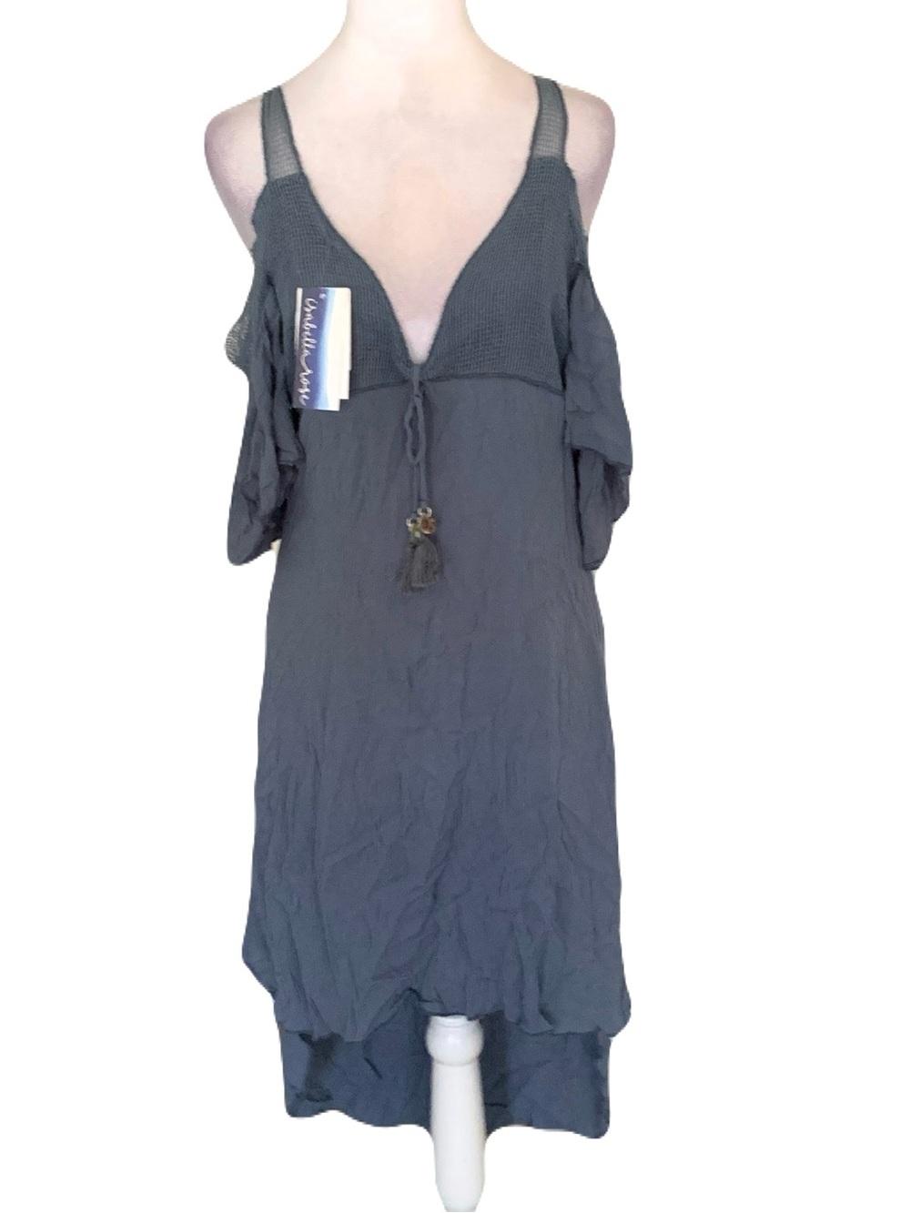 NWT Isabella Rose Slate Blue Medium Cotton Mesh Crepe Tassel Shell Cover-Up